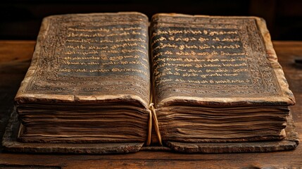 Obraz premium Ancient book, aged pages, ornate script, historical artifact