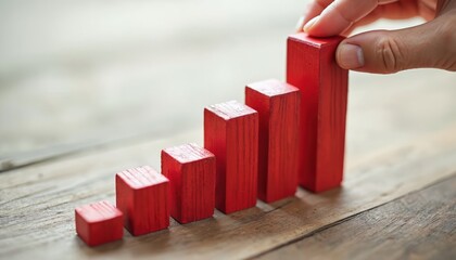 Red wooden blocks arranged in bar graph formation. Hand holds highest bar. Growth, improvement concept. Financial success, market expansion, business development, investment strategies, leadership,