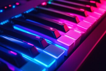 Obraz premium Neon-Lit Keyboard Keys Illuminated in Vivid Blue – Futuristic Technology, Gaming, and Cyber Aesthetics