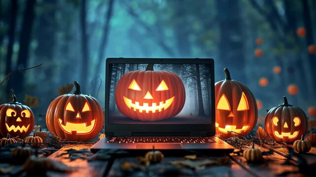 A laptop with Jack-o-lantern pumpkins surrounding it. Halloween theme with electronics in the dark forest.