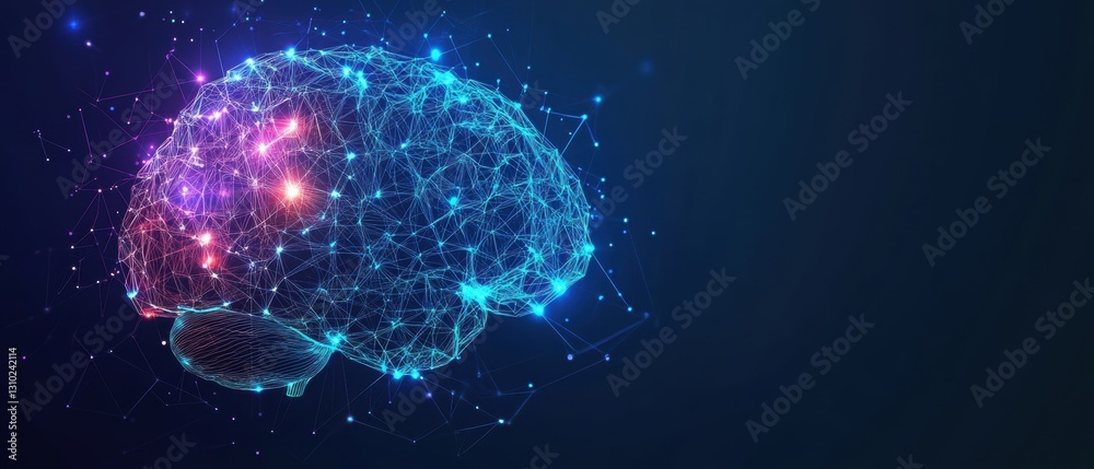 Poster abstract human brain made of colorful low-poly shapes on a dark blue background with a circuit board