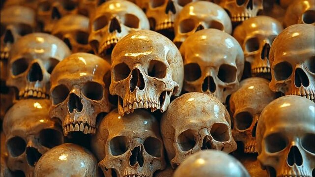 Stacked human skulls, macabre display, morbid art piece, possible use for morbid art