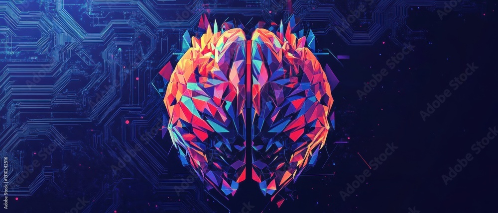 Poster abstract human brain made of colorful low-poly geometric shapes on a dark blue background with a cir