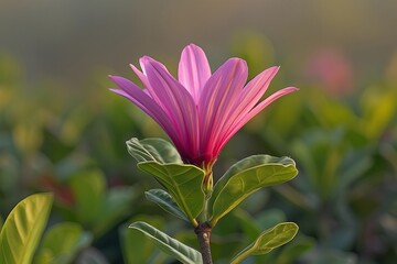 Fototapeta premium Close-Up of a Vibrant Purple Flower in Full Bloom on Lush Green Shrubs, Against a Neutral Background