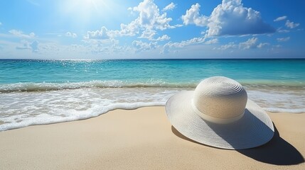 Obraz premium Tranquil beach escape sunbather relaxing on a sandy shoreline