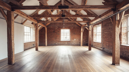 Spacious Minimalist Loft Room with Exposed Brick Walls and Rustic Wooden Beams, Creating an Industrial Feel with Ample Open Space for Text, Featuring Modern Elegance,