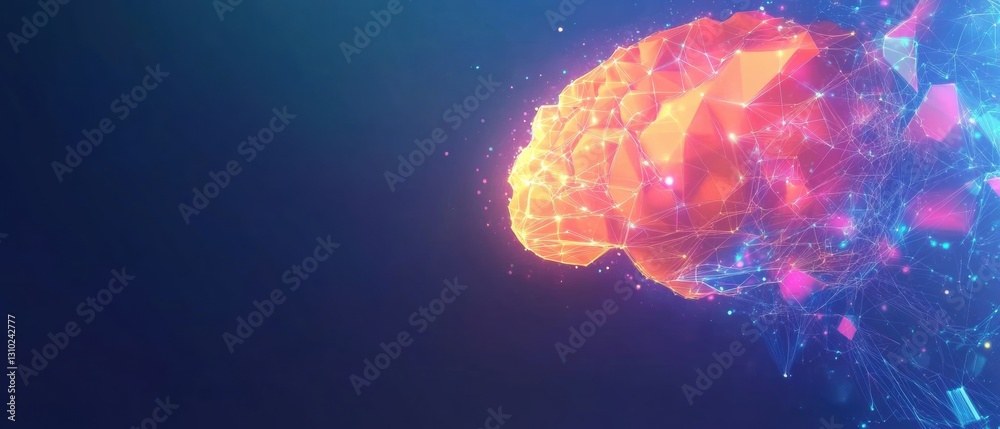 Poster abstract background with colorful low-poly brain and circuit board elements on a blue background gen
