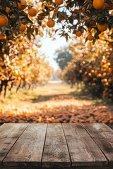 Empty wooden table set against a picturesque orange grove with a bright blue sky in the background