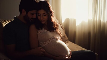 Loving couple embracing during pregnancy, sharing an intimate moment at home, symbolizing parenthood, anticipation, and the beauty of expecting a baby. Video made using Generative AI. - Powered by Adobe