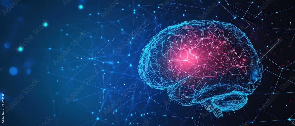 Poster abstract blue background with colorful low-poly brain and circuit board elements for an artificial i