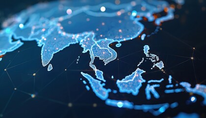 Abstract Southeast Asia map, global network, connectivity concept. Futuristic transparent Earth, worldwide system. International exchange, modern digital tech, telecom, business, communication. Blue