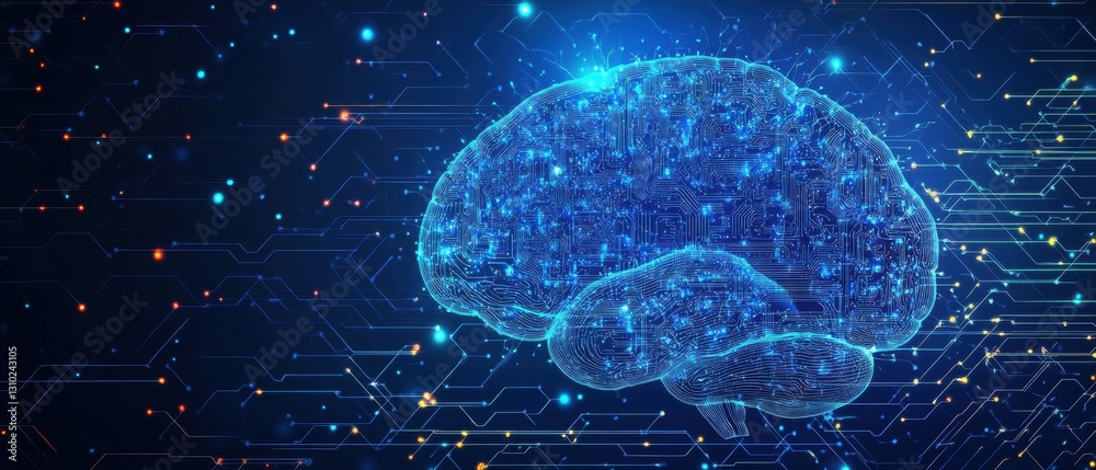 Poster abstract digital brain on a circuit board background with copy space for an artificial intelligence 