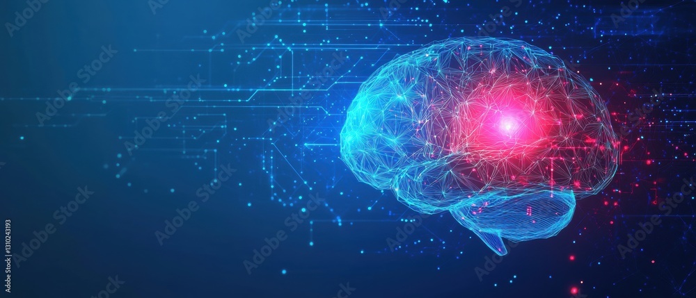 Poster abstract blue background with colorful low-poly brain and circuit board elements for an artificial i