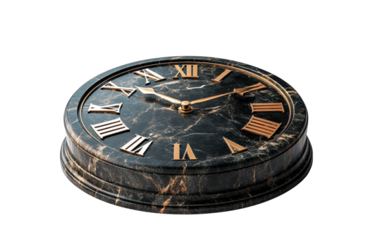 Elegant marble clock showcasing Roman numerals and classic design on a smooth surface