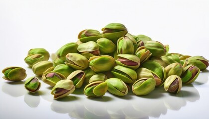 Vibrant green pistachio kernels scattered across a pristine white surface, highlighting their natural texture, color, and freshness, ideal for culinary or healthy lifestyle visuals.
