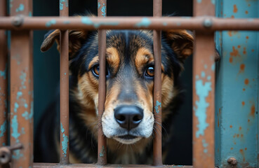 Fototapeta na wymiar Homeless dog behind bars in cage looks with sad eyes. Concept of animal abuse, adoption. Shelter for pets with no home and family, mistreated dogs. Closeup of dog face. Animal portrait in captivity.