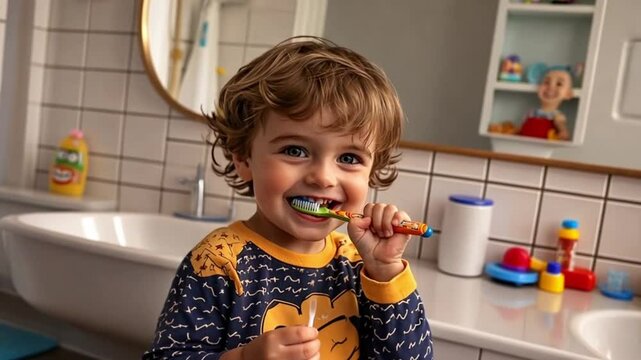 Toddler brushing teeth in bathroom, smiling, healthy habit, daily routine, home