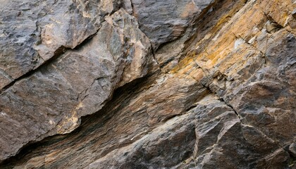 Rugged dark rock texture, background. Jagged formations with deep fractures and golden mineral veins create a rough, weathered appearance, highlighting the geological complexity of stone surfaces