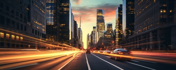 Naklejka premium Sunset at the City of NY usa, with street traffic light trails and skyscrapers 