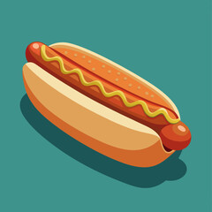 Colorful illustration of a hot dog with mustard on a teal background