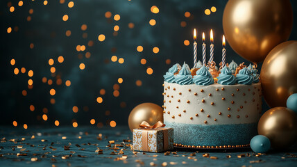 Blue and golden happy birthday cake invitation card banner