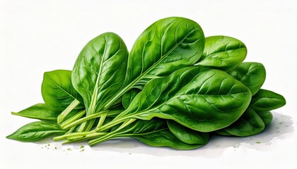 Fototapeta premium Vibrant green spinach leaves isolated on a clean white background, showcasing their fresh texture and color, ideal for healthy eating, recipes, or nutrition-focused visuals. 