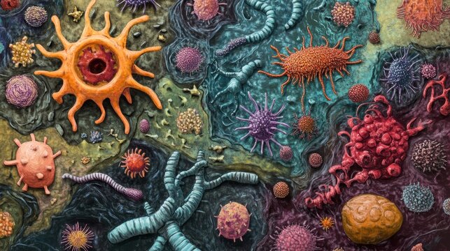 Colorful microorganisms and viruses in abstract artistic pattern.