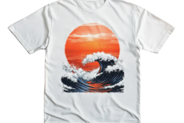 Vibrant ocean wave graphic t-shirt featuring a striking orange sunset over the water