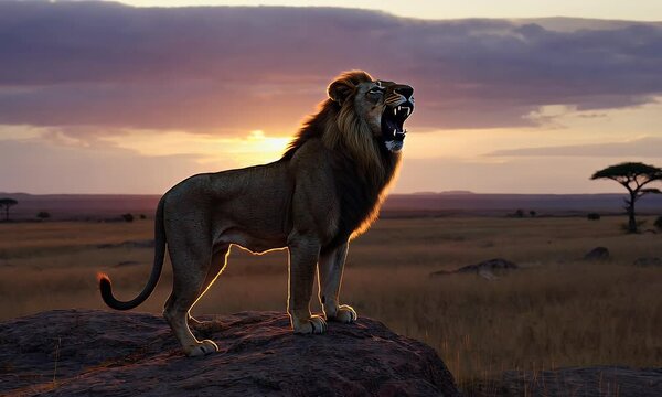 A majestic lion roaring at sunset, standing proudly on a rocky outcrop in the savanna.