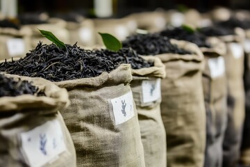 Tea leaves prepared for global distribution await shipment in well-marked burlap bags full of rich flavor. Generative AI