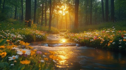 Obraz premium Golden sunset illuminates wildflowers bordering stream in forest.