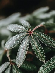 Intricate water droplets clinging onto the surface of vibrant green leaves