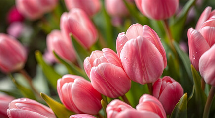 Fototapeta premium Beautiful close-up of vibrant pink tulips in a garden. The flowers are in full bloom, showcasing their delicate petals and fresh dew drops.