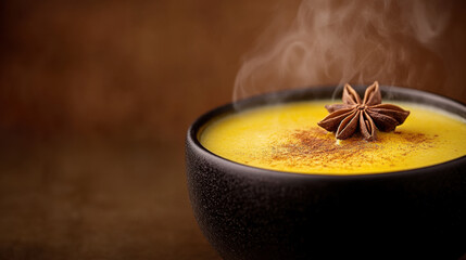 A matte black bowl filled with golden turmeric latte, frothy and steaming, garnished with a light dusting of cinnamon and a star anise floating on top