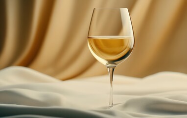 A glass of wine rests on a bed adorned with a sheet.