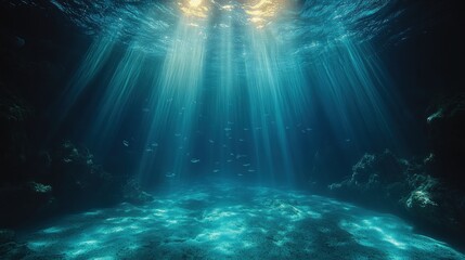 Underwater sunbeams, ocean floor, fish, background
