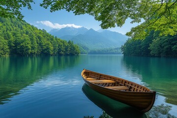 Obraz premium Serene mountain lake with wooden rowboat.