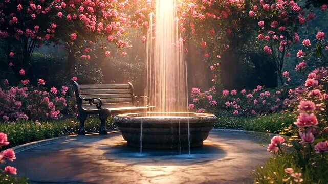 Serene garden scene with a stone fountain bathed in sunlight surrounded by vibrant pink flowers and a rustic wooden bench adding tranquility