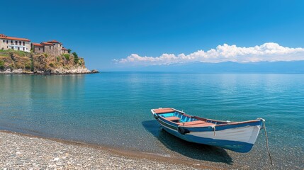 Fototapeta premium A boat rests on the sandy shore beside calm water, inviting relaxation and exploration.
