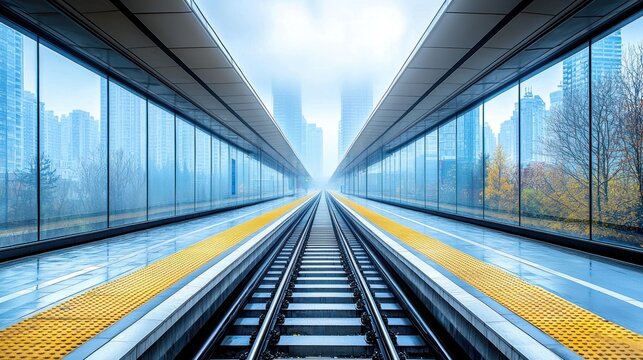 Empty train station platform with railway tracks leading into foggy cityscape