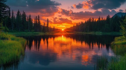 Fiery sunset reflects on tranquil lake, pine trees surround.