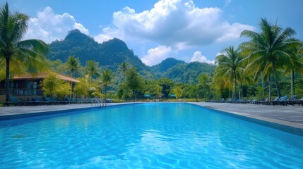 Fototapeta premium A vast pool surrounded by lush scenery and a majestic mountain backdrop.