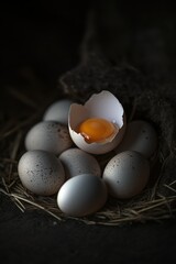 Natural fresh eggs in a rustic setting, featuring a raw egg in its shell.