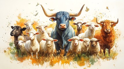 Artistic bull surrounded by a flock of sheep pictures