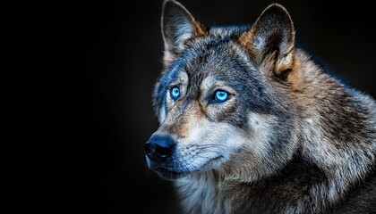 Obraz premium a portrait of a wolf with blue eyes and black background