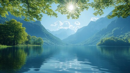 Serene mountain lake reflecting sunlight, peaceful landscape