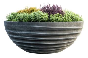 Decorative planter filled with vibrant herbs and plants in a unique round design showcasing green and purple foliage