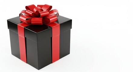Obraz premium A vibrant, glossy, hyperrealistic A black gift box with a luxurious, reflective surface sits elegantly on a pristine white background. A large, elegant red ribbon bow adorns the top.