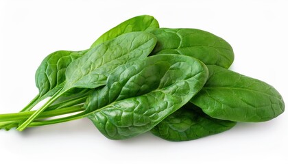 Obraz premium Vibrant green spinach leaves isolated on a clean white background, showcasing their fresh texture and color, ideal for healthy eating, recipes, or nutrition-focused visuals.