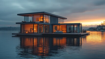 Modern Container House Floating Over Water with Scenic Mountain View and Spacious Interior